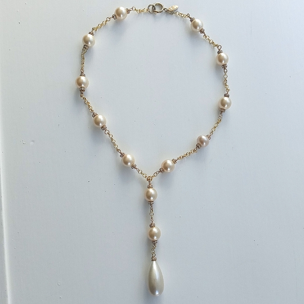 Authentic Vintage Chanel Gripoix Pearl Clear Crystal Rondelle Lariat Necklace